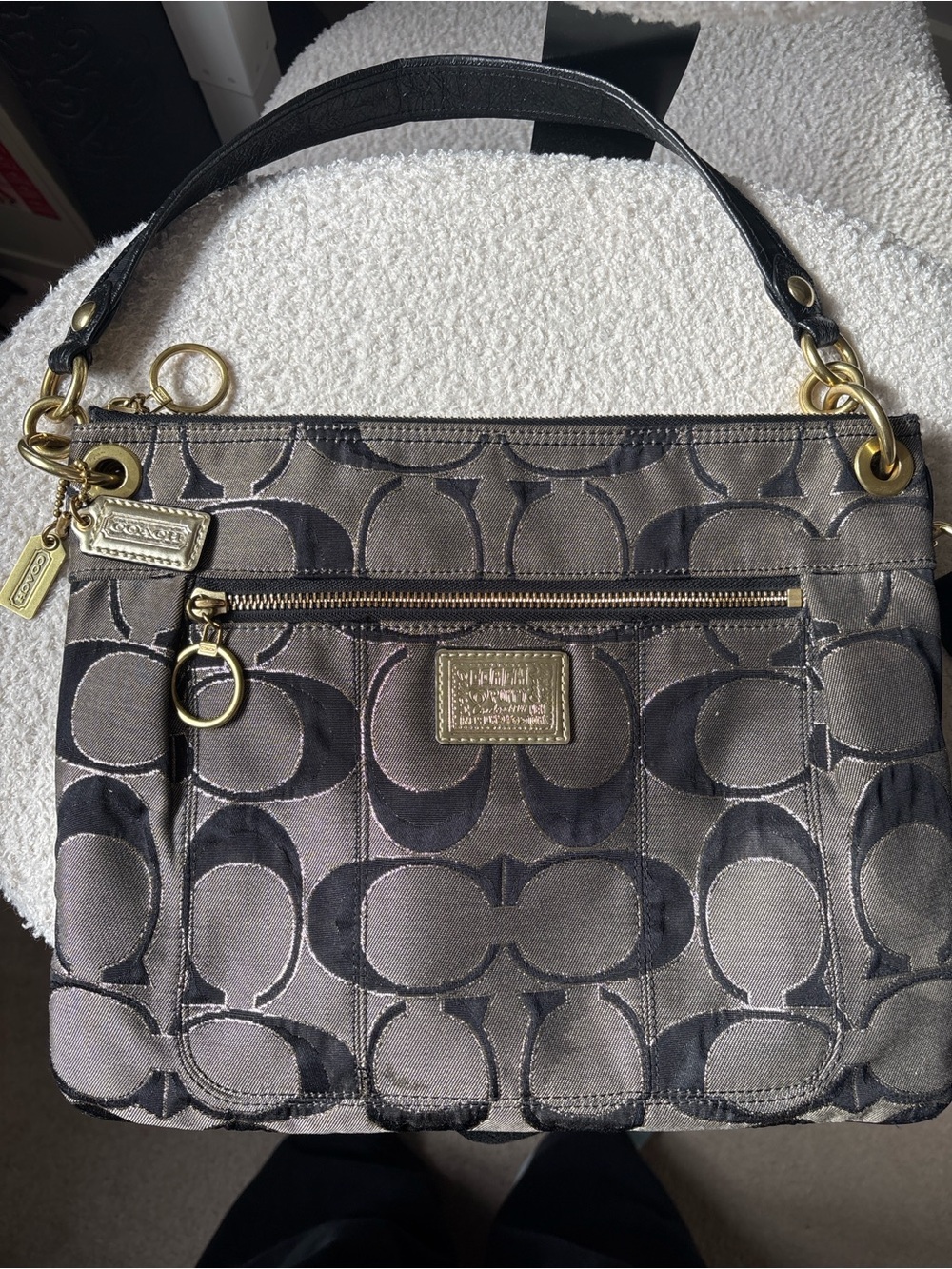 Coach Poppy Metallic Signature Glam Tote Shoulder Bag Crossbody Gray Black Gold